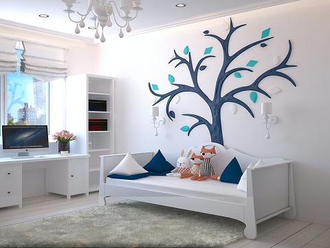 cheerful kids room in mangalore with a playful tree mural and cozy study area, crafted by top interior designers